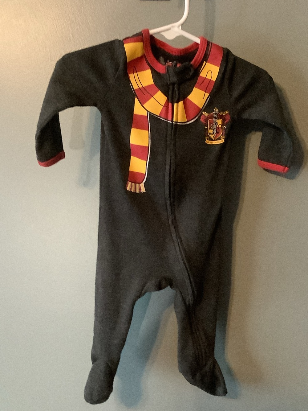 Gryffindor / Harry Potter Footed One-Piece with Red & Yellow Scarf Accent. 3-6M.